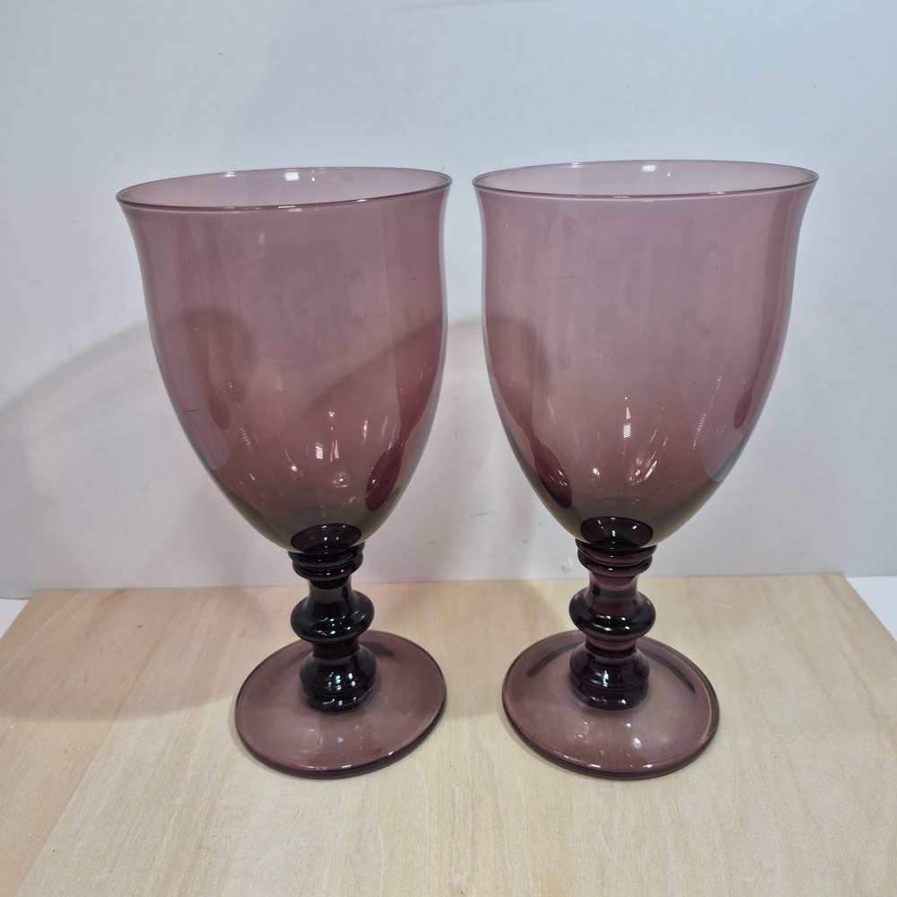 Vintage Amethyst Purple Glass Water Goblets Ball Stem Wine Glasses Set of 2 8"